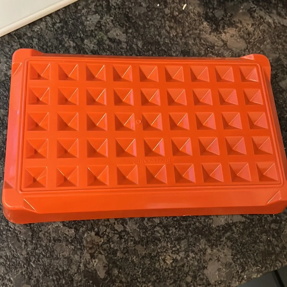 Looks new vintage Tupperware hot dog/deli meat keeper. Burnt red color